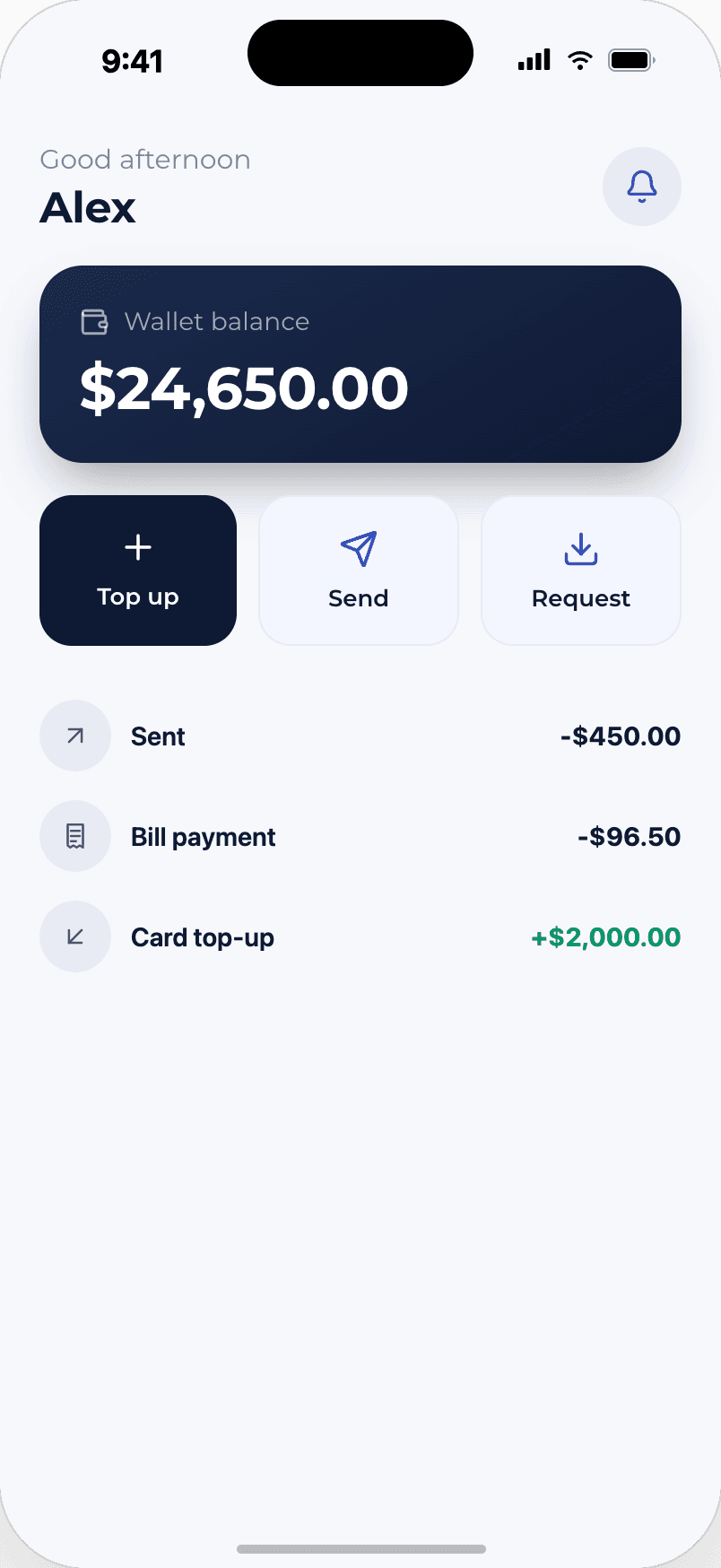 Wallet balance, top up, send and recent activity in a white-label wallet experience